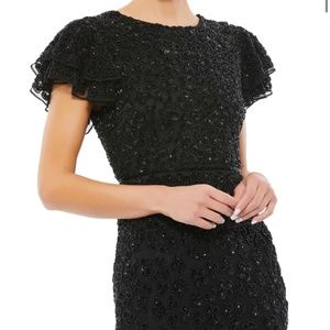 NWT Mac Duggal BLACK BEADED RUFFLED MIDI DRESS